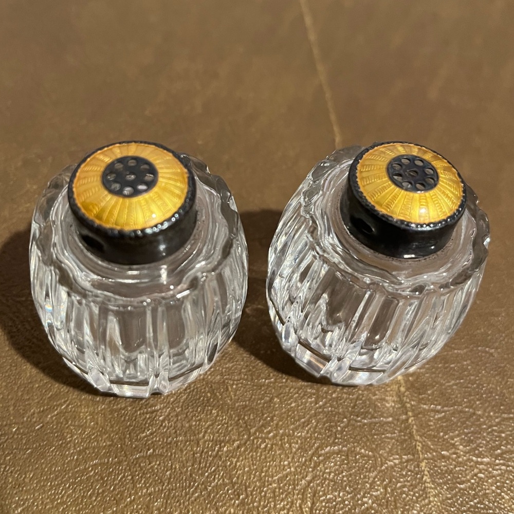 Vintage Sterling Enamel Meka Denmark Crystal Salt and Pepper Shaker Set Golden - Picture 8 of 9
